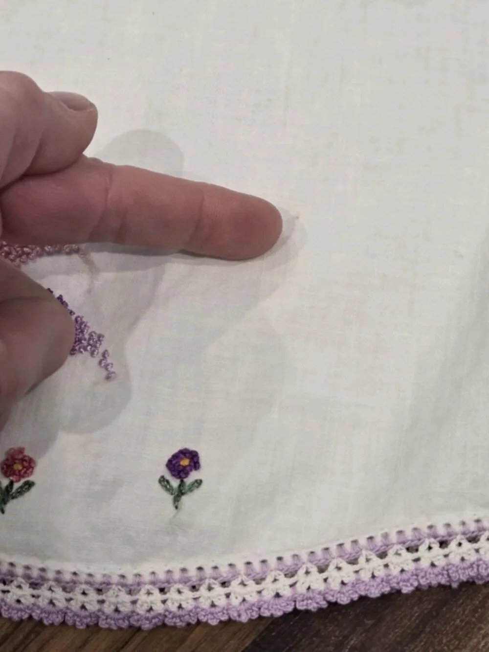 Vtg Hand Embroidered Pillowcase Floral Basket Lavender Scalloped Crochet